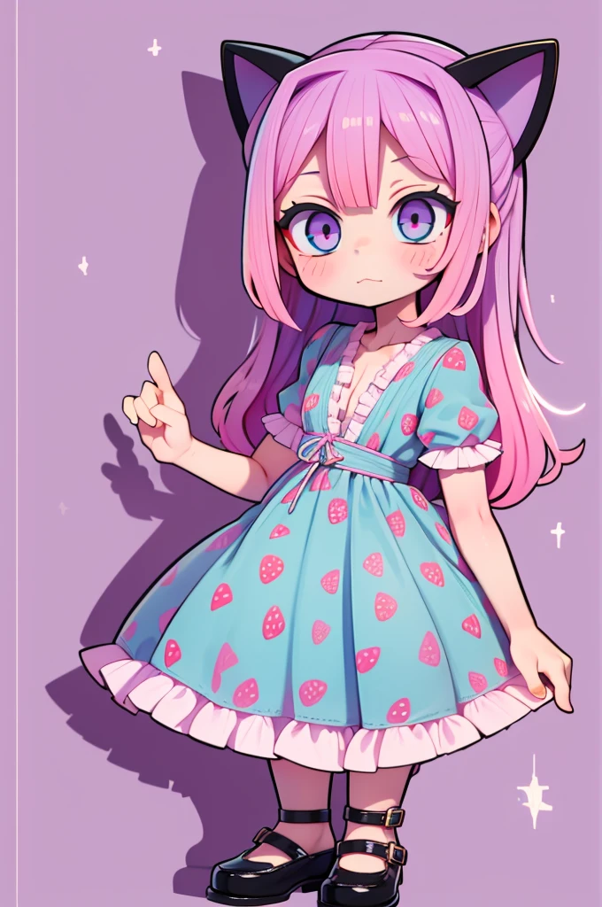 1 girl, chibi, tiny, toddler, pink hair, purple hairclips, cat ears, light skin, blue eyes, sparkle in eyes, purple pacifier, wearing light blue strawberry pattern dress, black flat shoes, colorful bead bracelets, happy expression