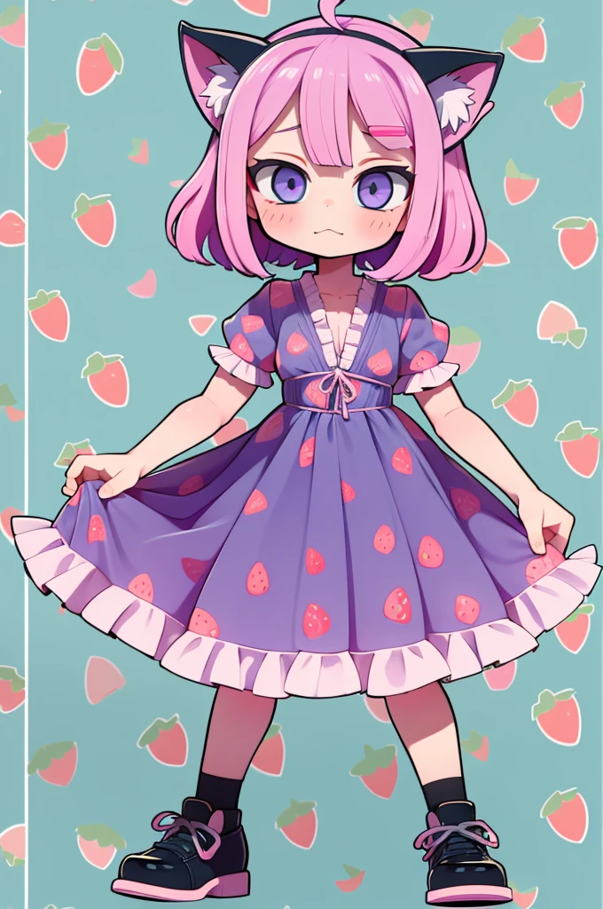 1 girl, chibi, tiny, toddler, pink hair, purple hairclips, cat ears, light skin, blue eyes, sparkle in eyes, purple pacifier, wearing light blue strawberry pattern dress, black flat shoes, colorful bead bracelets, happy expression