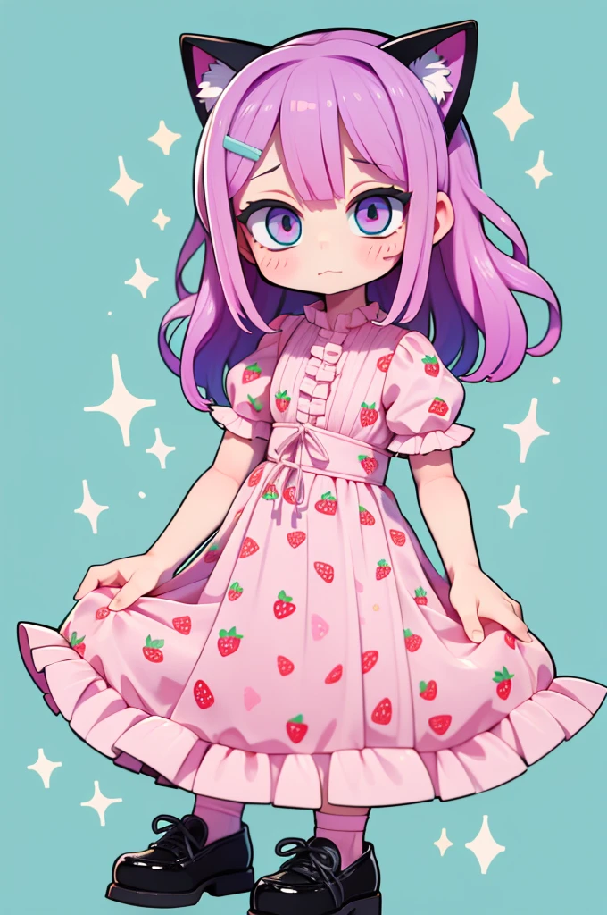 1 girl, chibi, tiny, toddler, pink hair, purple hairclips, cat ears, light skin, blue eyes, sparkle in eyes, purple pacifier, wearing light blue strawberry pattern dress, black flat shoes, colorful bead bracelets, happy expression