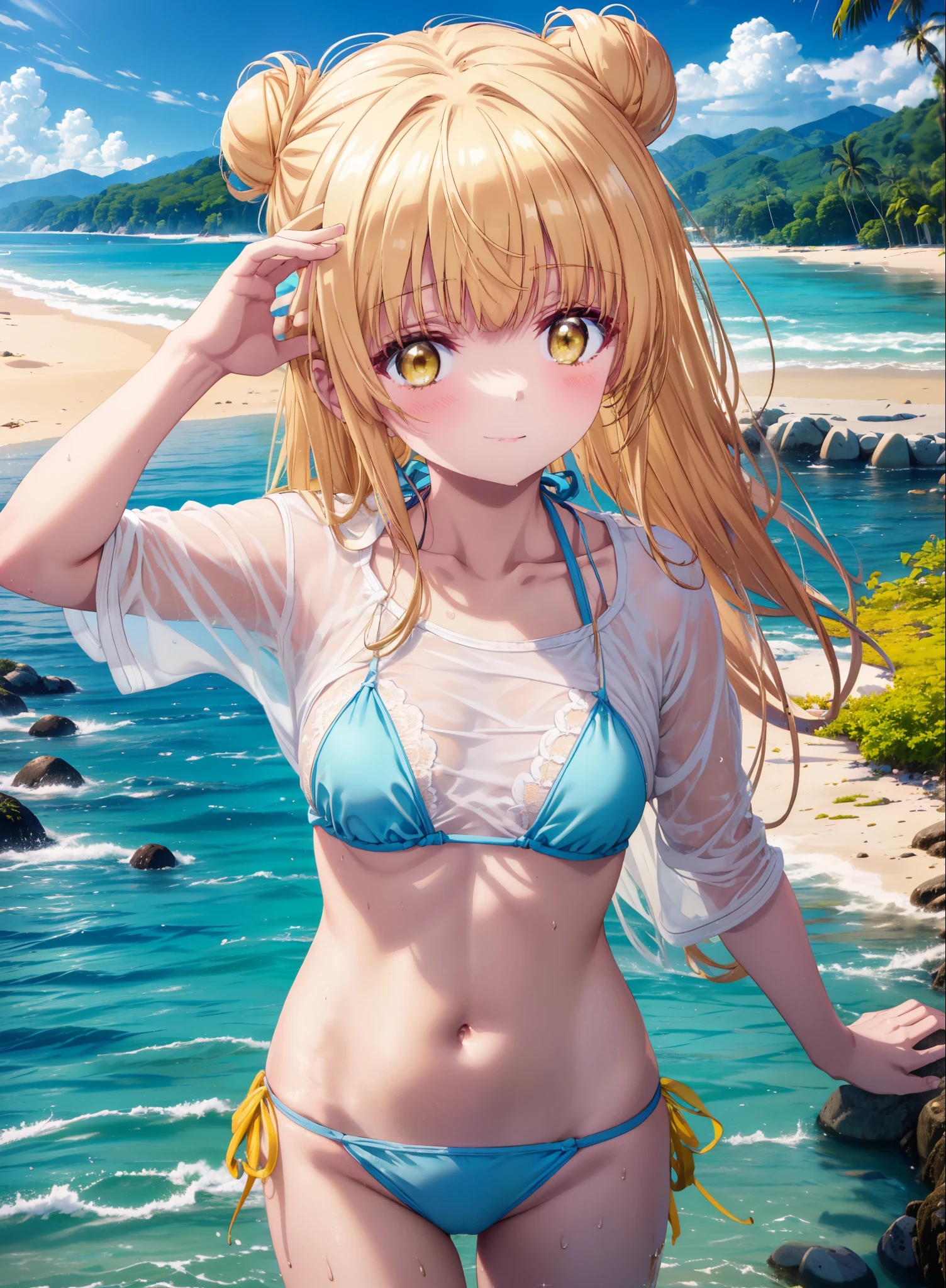 mahirushiina, Mahiru Shiina, Long Hair, bangs, Blonde, Brown Hair, (Yellow Eyes:1.3), smile,blush,Hair Bun, double Hair Bun,Hair Lock,Yellow string bikini,barefoot,Water Play,Ocean,Sandy Beach,whole bodyがイラストに入るように,Wet Hair,Wet Skin,Wet swimsuit,
break outdoors, Beach,
break looking at viewer, whole body,(Cowboy Shot:1. 5)
break (masterpiece:1.2), Highest quality, High resolution, unity 8k wallpaper, (figure:0.8), (Beautiful attention to detail:1.6), Highly detailed face, Perfect lighting, Highly detailed CG, (Perfect hands, Perfect Anatomy),
