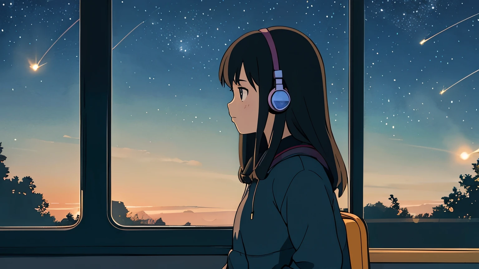 25-year-old woman, listening to music on headphones, Outside the bus window is a beautiful starry night view with fireflies flying about., LoFi Style, Ghibli style, Long black hair, 4K resolution, profile view, Gazing at the horizon, big headphone.