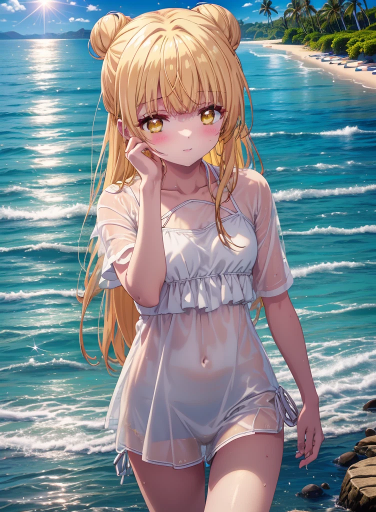 mahirushiina, Mahiru Shiina, Long Hair, bangs, Blonde, Brown Hair, (Yellow Eyes:1.3), smile,blush,Hair Bun, double Hair Bun,Hair Lock,Yellow string bikini,barefoot,Water Play,Ocean,Sandy Beach,whole bodyがイラストに入るように,Wet Hair,Wet Skin,Wet swimsuit,
break outdoors, Beach,
break looking at viewer, whole body,(Cowboy Shot:1. 5)
break (masterpiece:1.2), Highest quality, High resolution, unity 8k wallpaper, (figure:0.8), (Beautiful attention to detail:1.6), Highly detailed face, Perfect lighting, Highly detailed CG, (Perfect hands, Perfect Anatomy),