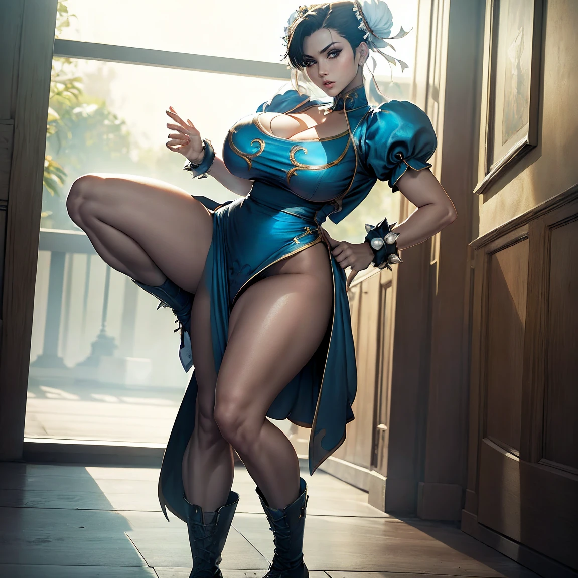 (full body photo),1girl,solo,ChunLi,,looking at viewer ,realistic,shiny skin,gigantic breasts,(beautiful face:1.1),(masterpiece, high quality:1.2) gigantic breasts, motherly, porcelain skin,mature female,