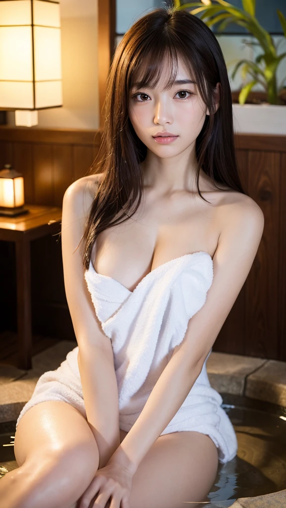 (night:1.7), East Asian architecture, 1 woman,sit on the tatami, brown colored hair，（hair between the eyes）, lip flap,  (16 years old:1.3),(beautiful shiny straight short long:1.3),beautiful fingers,beautiful long legs,beauty body，cute nose，beautiful character design，perfect eyes，Perfect face，looking at viewer，（chaste_big_eye：1.0），（light_笑face：0.3），official art，very detailed CG Unity 8k 배경화면、bright_front_face_literature，（Masterpiece:1.0),(highest_qualiteraturey:1.0), Super high resolution,4K,very detailed, Photo shoot, 8k, nffsw, high resolution, absurd:1.2, Kodak Portrait 400, film grain,  lens flare glow,  (beautiful_face:1.5),8k,RAW photos, 、Relax at a Japanese hot spring ryokan、(The topic is my first hot spring trip with a woman.:1.3) (Make the open-air bath wider:1.2) (Women are not subjects:1.3) The hotel room is a mess　(girl standing on balcony:1.3) (hair after bath:1.3),((I was naked and I had a small handkerchief towel next to me..:1.3)) ,(hair is wet:1.3),((beautifully depicts depth and width:1.3)),((Open-air bath surrounded by a Japanese garden and huge rocks, With just two small lights.:1.3)),((You can see a beautiful starry sky.:1.3))(Hide your erogenous zones with a small handkerchief or towel in an open-air bath.:1.2)(Women are not subjects:1.3),((White, soft skin:1.3)),(((It&#39;s like a whole thing:1.3))(There&#39;s even a bed for sex..:1.2)The woman is naked in bed((The open-air bath is a wooden bathtub surrounded by large natural stones....:1.3))