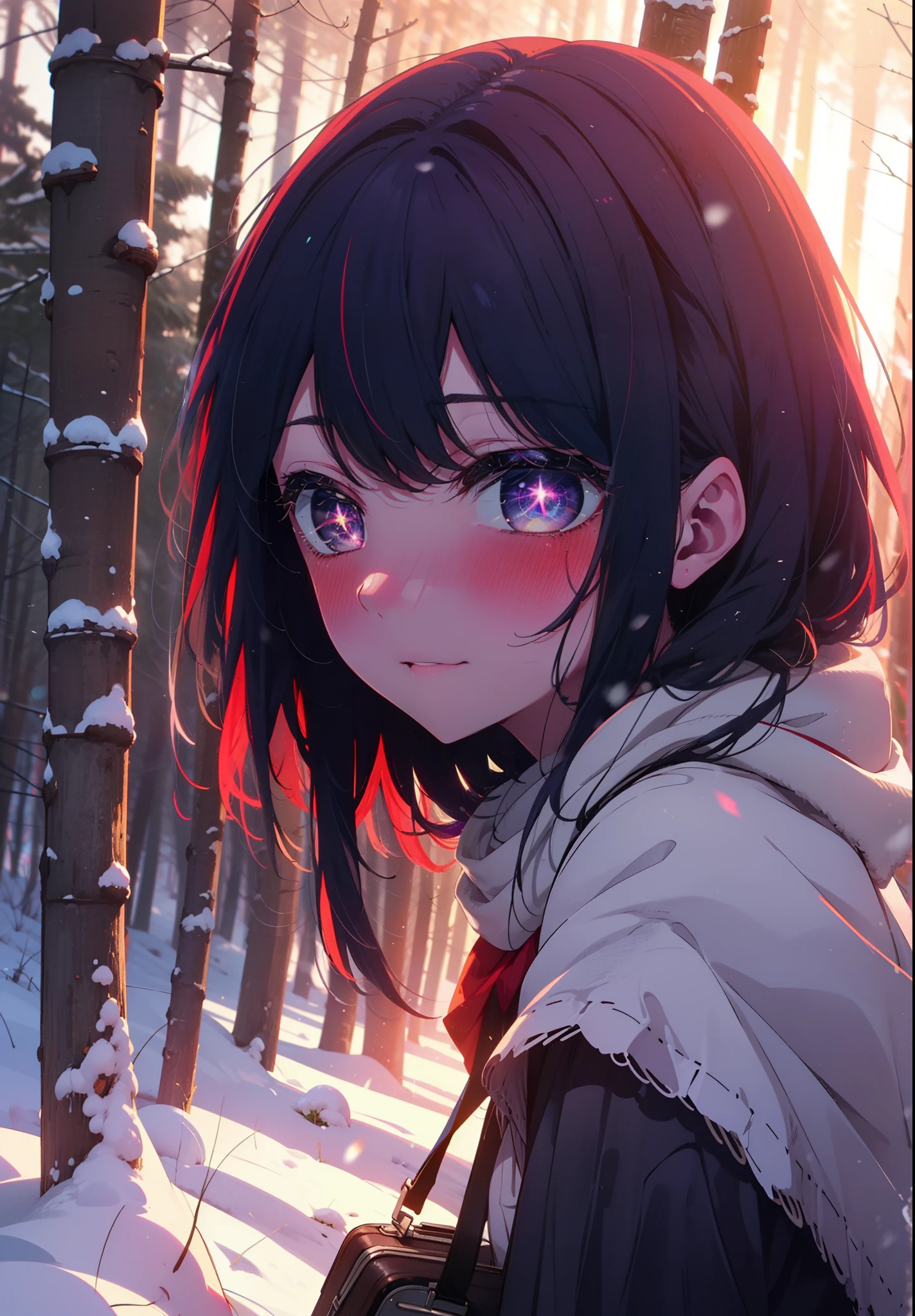 aihoshino, Ai Hoshino, Long Hair, bangs, (Purple eyes:1.1), Purple Hair, (Symbol-shaped pupil:1.5), smile,,smile,blush,White Breath,
Open your mouth,snow,Ground bonfire, Outdoor, boots, snowing, From the side, wood, suitcase, Cape, Blurred, , forest, White handbag, nature, Squat, Mouth closed, Cape, winter, Written boundary depth, Black shoes, red Cape break looking at viewer, Upper Body, whole body, break Outdoor, forest, nature, break (masterpiece:1.2), Highest quality, High resolution, unity 8k wallpaper, (shape:0.8), (Beautiful and beautiful eyes:1.6), Highly detailed face, Perfect lighting, Extremely detailed CG, (Perfect hands, Perfect Anatomy),