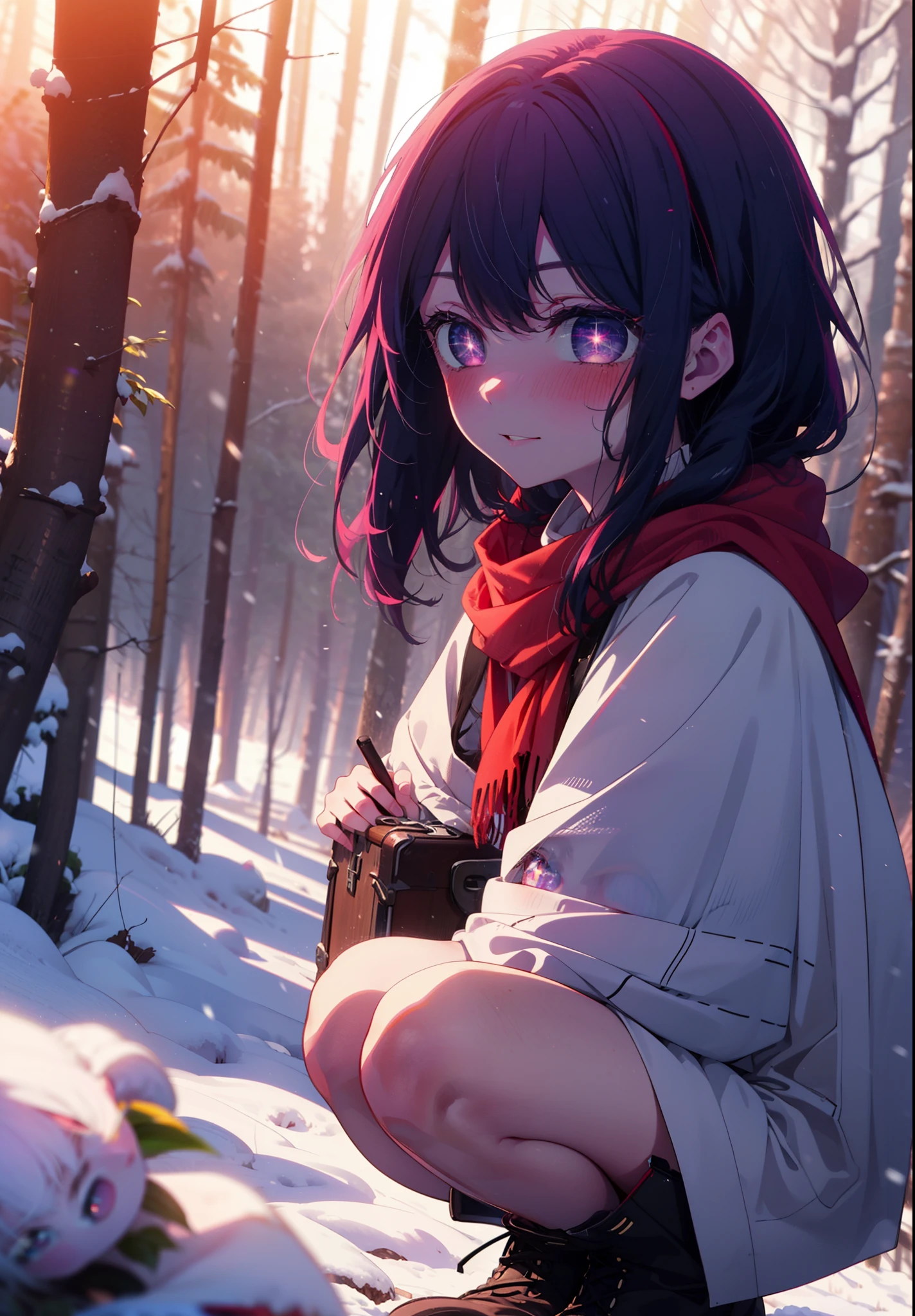 aihoshino, Ai Hoshino, Long Hair, bangs, (Purple eyes:1.1), Purple Hair, (Symbol-shaped pupil:1.5), smile,,smile,blush,White Breath,
Open your mouth,snow,Ground bonfire, Outdoor, boots, snowing, From the side, wood, suitcase, Cape, Blurred, , forest, White handbag, nature,  Squat, Mouth closed, Cape, winter, Written boundary depth, Black shoes, red Cape break looking at viewer, Upper Body, whole body, break Outdoor, forest, nature, break (masterpiece:1.2), Highest quality, High resolution, unity 8k wallpaper, (shape:0.8), (Beautiful and beautiful eyes:1.6), Highly detailed face, Perfect lighting, Extremely detailed CG, (Perfect hands, Perfect ),