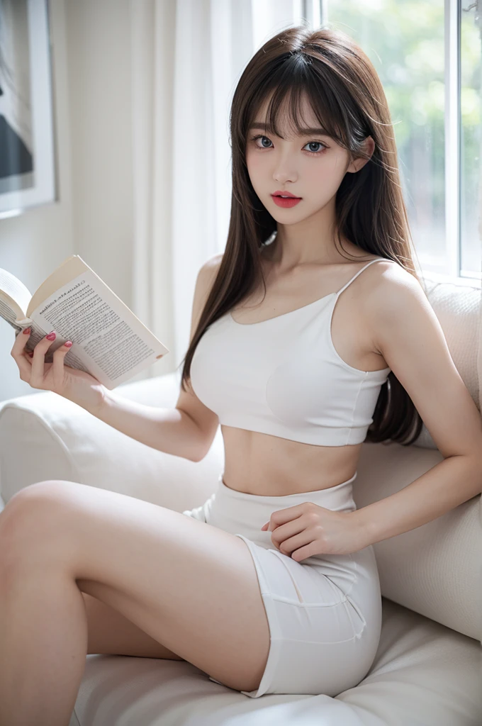 A woman,full-body shot,modern,White long hair,Has oblique bangs,性感的躺在modern沙发上,Wearing white silk,Bare shoulders,at home,Blue eyes,at home,Reading a book leisurely,Exquisite facial features,Perfect face,Clean face,Wearing bright lipstick