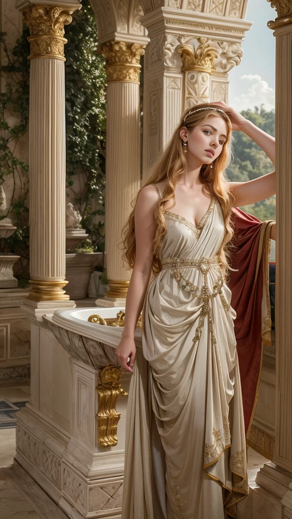Masterpiece, Imagine a scene where the young Roman Empress Livia, wife of Emperor Augustus, indulges in a tranquil moment within the sprawling confines of her imperial villa in ancient Rome. At 20 years old, her beauty is accentuated by her striking strawberry blonde hair, which cascades gently over her shoulders, partially submerged in the warm, inviting waters of a grand private bath. The bath itself, an architectural marvel, reflects the opulence of the Roman elite, with intricate mosaics and grand columns that rise to meet the soft, natural light filtering through the open spaces. Two attentive young Gaelic slaves stand by, their roles to ensure the comfort and care of their empress during this serene interlude. The scene aims to capture the essence of luxury and tranquility that defined the private lives of Rome's most powerful, photo-realistic quality, striving for the highest resolution and natural lighting to bring this moment from ancient history to life, 16K, ultra high res.photorealistic, UHD, RAW, DSLR, natural Lighting, Sharp Focus