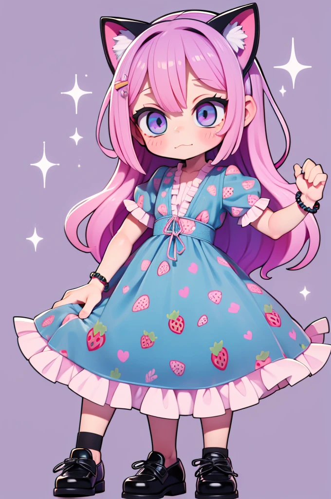 1 girl, chibi, tiny, toddler, pink hair, purple hairclips, cat ears, light skin, blue eyes, sparkle in eyes, purple pacifier, wearing light blue strawberry pattern dress, black flat shoes, colorful bead bracelets, happy expression