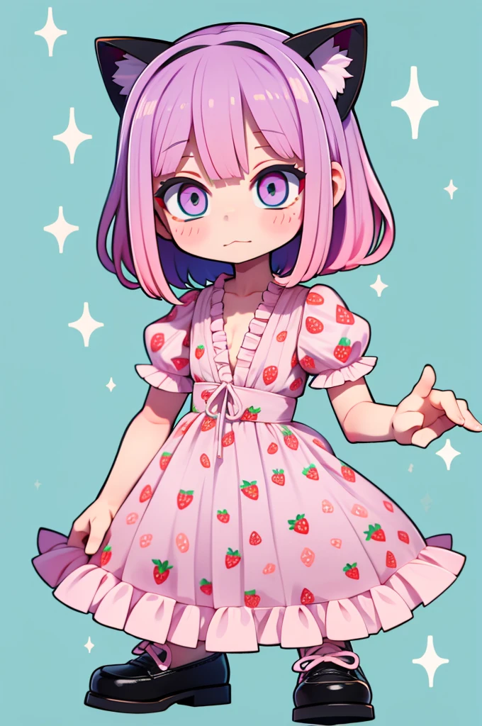 1 girl, chibi, tiny, toddler, pink hair, purple hairclips, cat ears, light skin, blue eyes, sparkle in eyes, purple pacifier, wearing light blue strawberry pattern dress, black flat shoes, colorful bead bracelets, happy expression