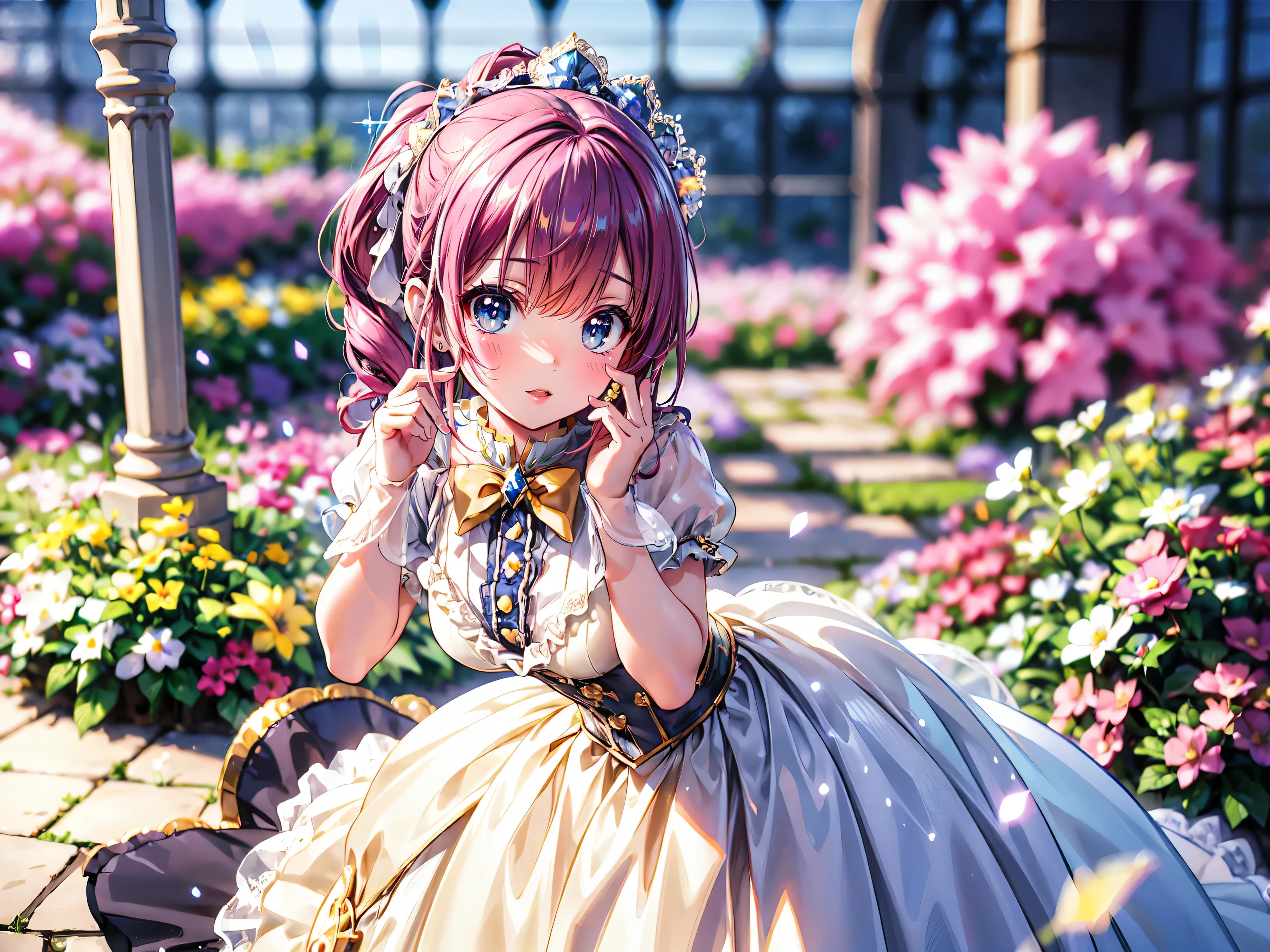 ((ultra detailed, exquisite quality, cinematic lighting)), (anime moe art style:1.1), (((young face solo princess))), (incredibly cute rococo victorian gown with long hems, voluminous princess style skirt, elaborate lace gown:1.5), (huge breasts), breasts cleavage, breasts focus, ((hair pink hair)), ((fluffy long Expressive ponytail)), (leaning forward, looking up, from above, front view, facing at viewer:2), kawaii face, head tilt, shy smile, put index finger on mouth, (face focus, eyes focus, blurry background, depth of field:2), (isometric 3D, octane render, ray tracing:1.5), cinematic shadows, backlighting, particle effect, caustics, super detailed skin, (hyper detail delicate eyes, hyper beautiful eyes), (eyes blue eyes), (lot's of colorful flowers, sparkling glass classic greenhouse:1.5),