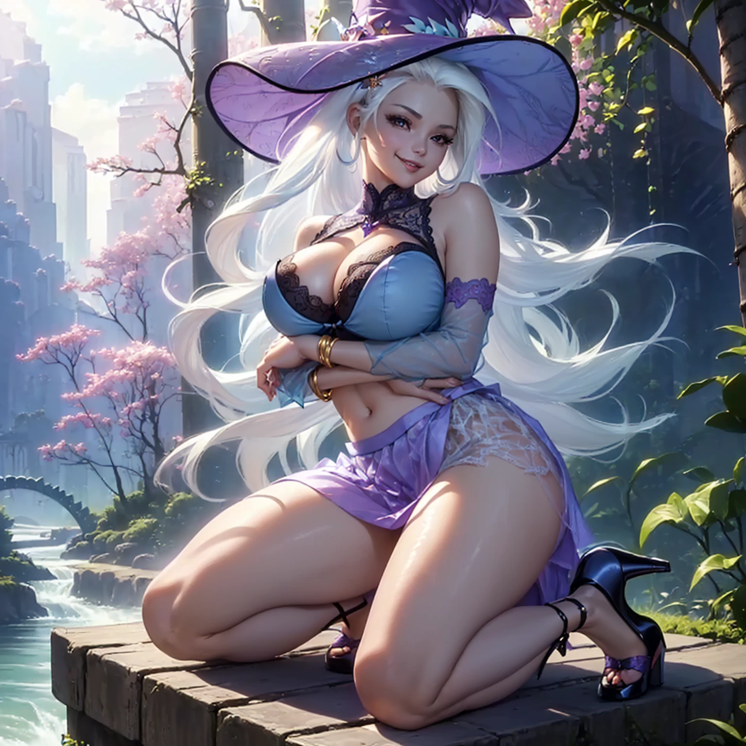 (((beautiful female body))),(((trixie as a sweet charming hot seductive horny model))), (((very long blue white hair))) ,(((sit on the fences leant to grape tree wide spread legs)))), (((outdoor))),(((cherry tree jungle with a river in background))),(((lewd and erotic posing))), (((happy wicked smile))) ,(((wear light blue purple sheer lace transparent see through very short bra))) , (((((upskirt view))))) , (((witch hat))),breasts are visible , (((wear high heels))) , (((full body))),golden bracelets , (((perfect big breasts))) , lush breasts , Bulky Breasts , voluminous breasts ,(((peeping the viewer))),(((bare belly))),(((side close upskirt view)))