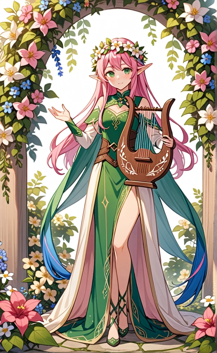 beautiful elf, long pink hair and blue streaks hair, green eyes, with flower crown, holding a lyre, full body
