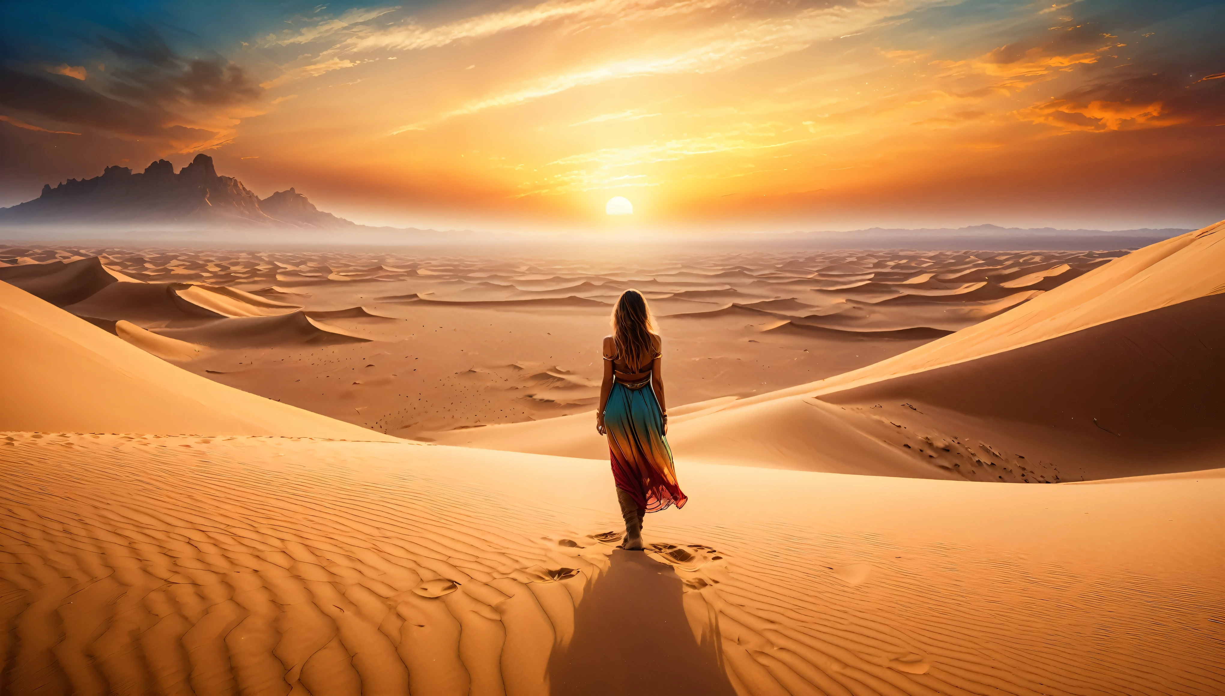 best quality,(masterpiece:1.2),Ultra-high resolution,RAW color photography,8K,Wide Landscape Photography,Realistic photos,Carefully crafted photos,Woman living on a sand planet,,(From the back:1.5),(From below:1.2,Woman standing on sand planet,The vast desert appears before your eyes,The sky is the vast universe,Sunset),Written border depth,Wide-angle light,Low contrast,Backlight,Clear focus,Vibrant colors,Dynamic Configuration