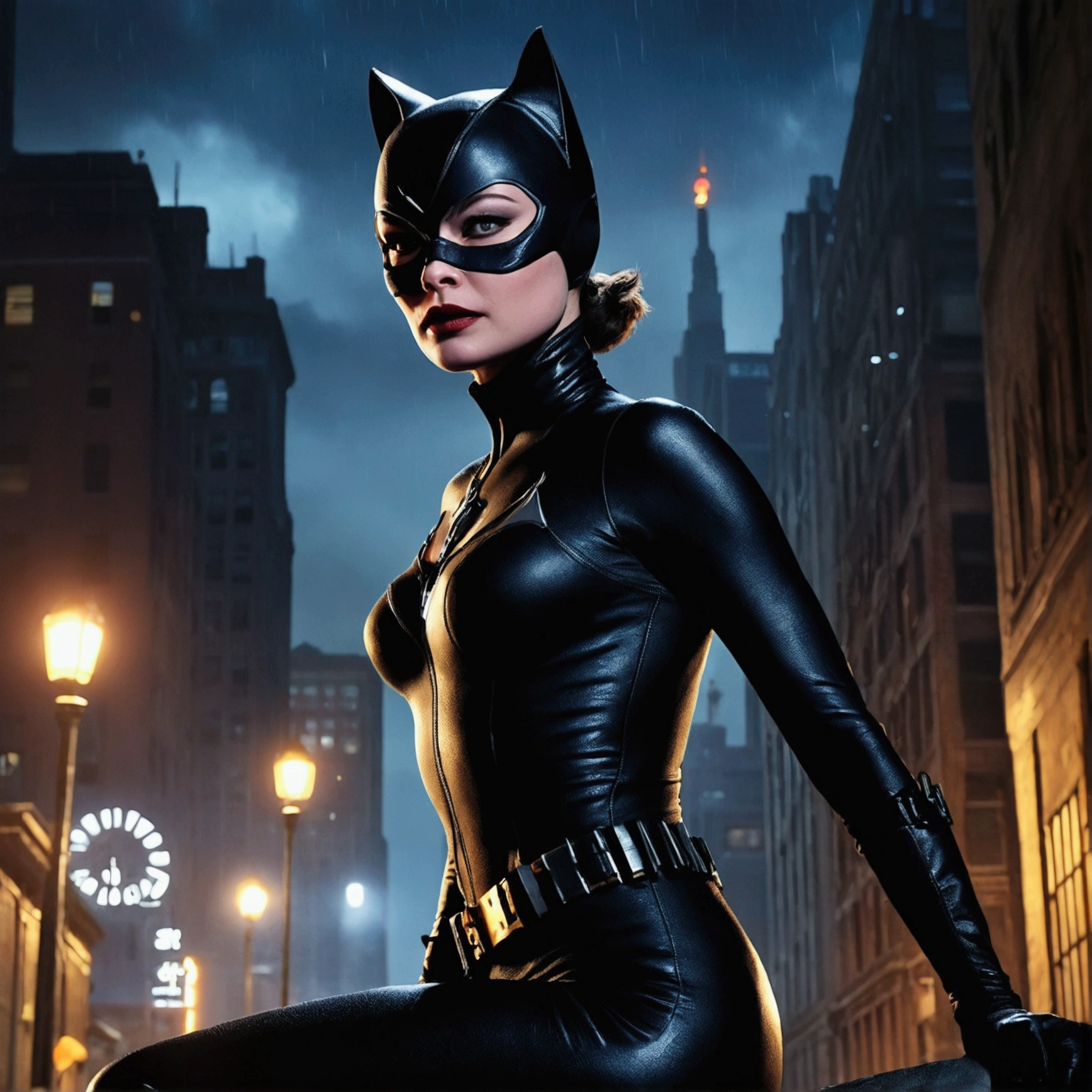 Catwoman、Gotham City at Night、Christopher Nolan Style、Drama and lifesaving、Dynamic, dark and scary atmosphere、Dramatic Light、Very detailed、Full of hidden details、Hyperrealistic、uhd画像、realism、カラフルなrealism、uhd、8k、Full body image、Long tail、