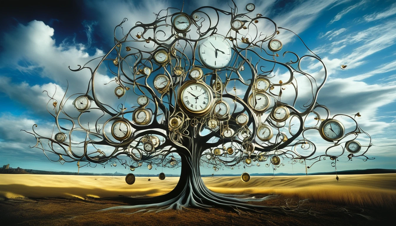 Surrealism, Salvador Dali style landscape painting,Melted clocks hang from leafless trees,Floating in the vast, Endless sky. The clock represents the cyclical nature of time, Their twisted shapes symbolize the fluidity of perception..,Where has the time gone?