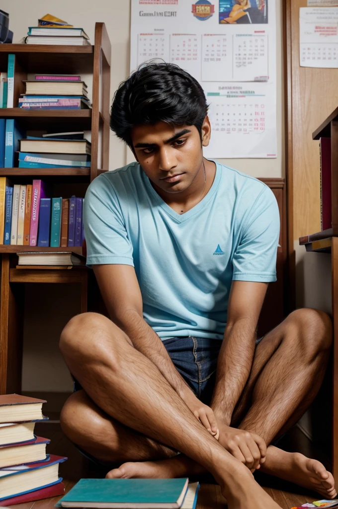 Create an image depicting a young desi Indian student looking depressed, sitting amidst a pile of NEET preparation books. The student should have a somber expression, possibly with head resting on hand or slumped shoulders, surrounded by open and closed books, notes, and study materials scattered around. The background can include elements like a cluttered desk, a dimly lit room, and a wall calendar showing upcoming exam dates, emphasizing the pressure and stress. The overall mood should convey the intense burden and emotional strain faced by students preparing for competitive exams like NEET.