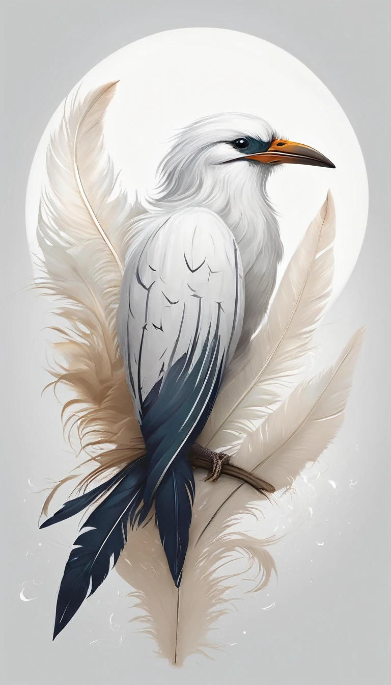 epic fantasy illustration, minimalistic logo design, best quality, masterpiece, unique painting, white feather of memories. Feather dreaming of birds. The life of a bird, inside a feather.