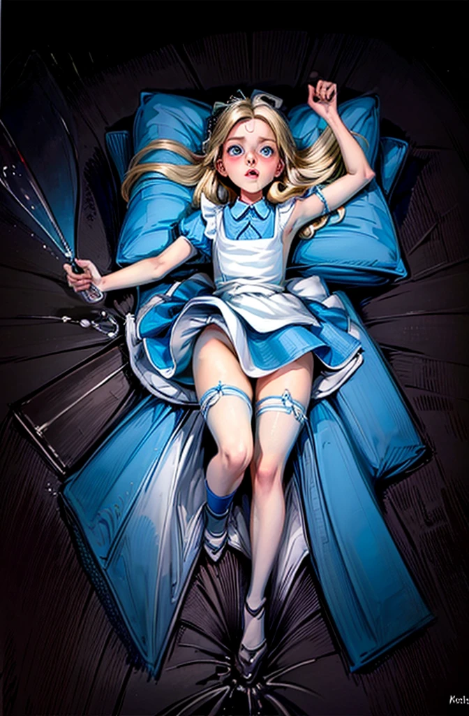 A close up of a tween laying in a bed with a blue sheet, masterpiece, 1girl, solo, a very young sexy Alice in Wonderland with blonde hair, powder blue dress with white apron, white stockings, cleavage, dynamic, ultra high def, 32k, (perfect anatomy:1.5), perfect legs, in the style of Artgerm and Adam Hughes, bed, matingpress, 1boy, , sex, spread legs, lying, on back, missonary pov  (anally penetrated:1.1), ahegao, (holding breath:1.5)