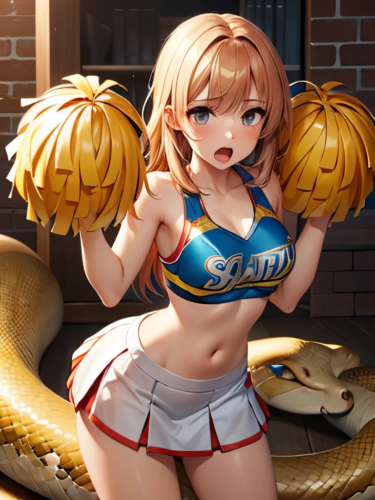 1girl, highly detailed, game CG, illustration, absurdres, snake, (snake vore), girl in snake mouth, upset, cheerleader