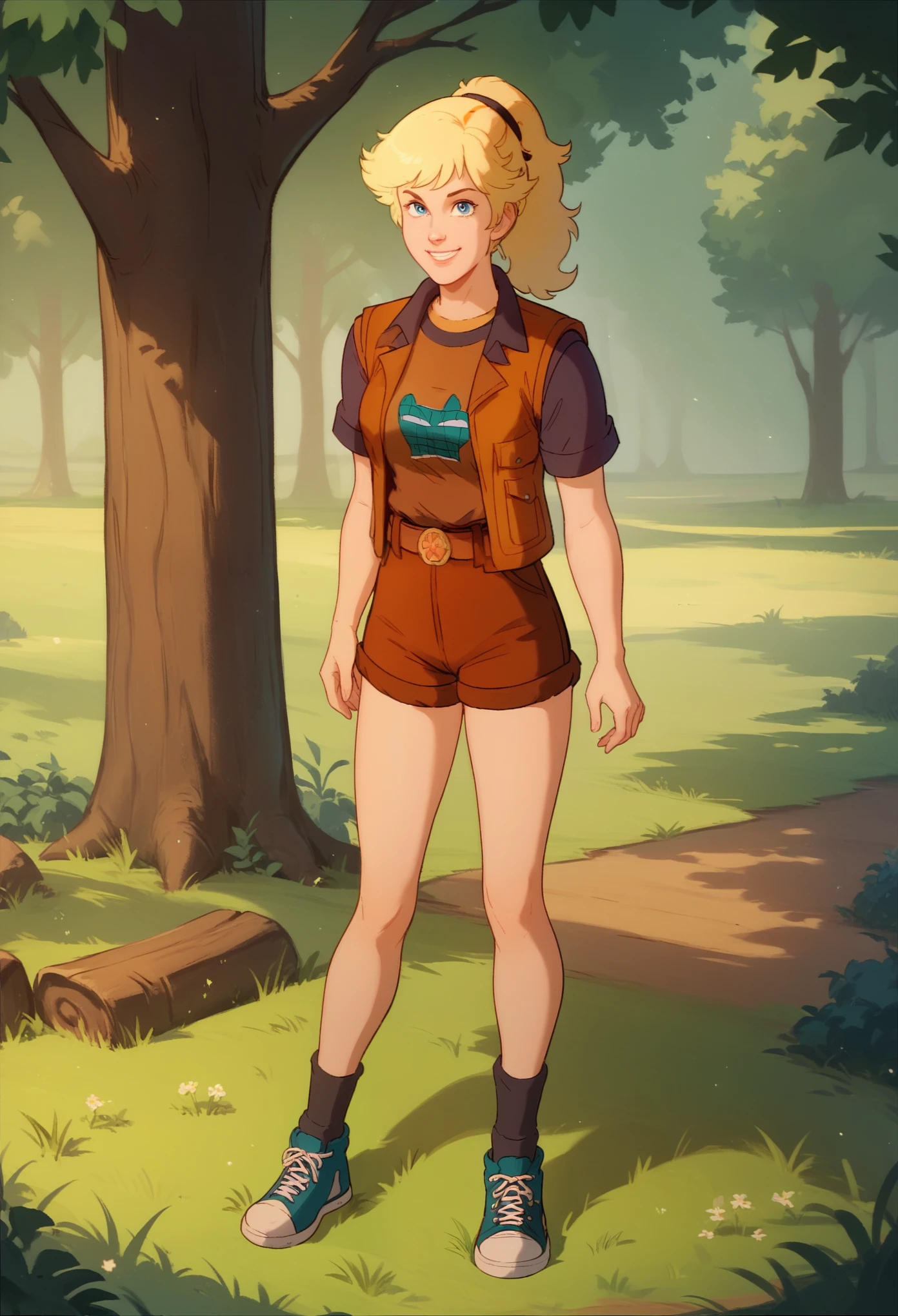 t-shirt, brown shorts, belt, brown vest, socks, sneakers, 1girl, xlinkax, blonde hair, ponytail, blue eyes, medium breasts, standing in wood, grass, looking at viewer, smiling,