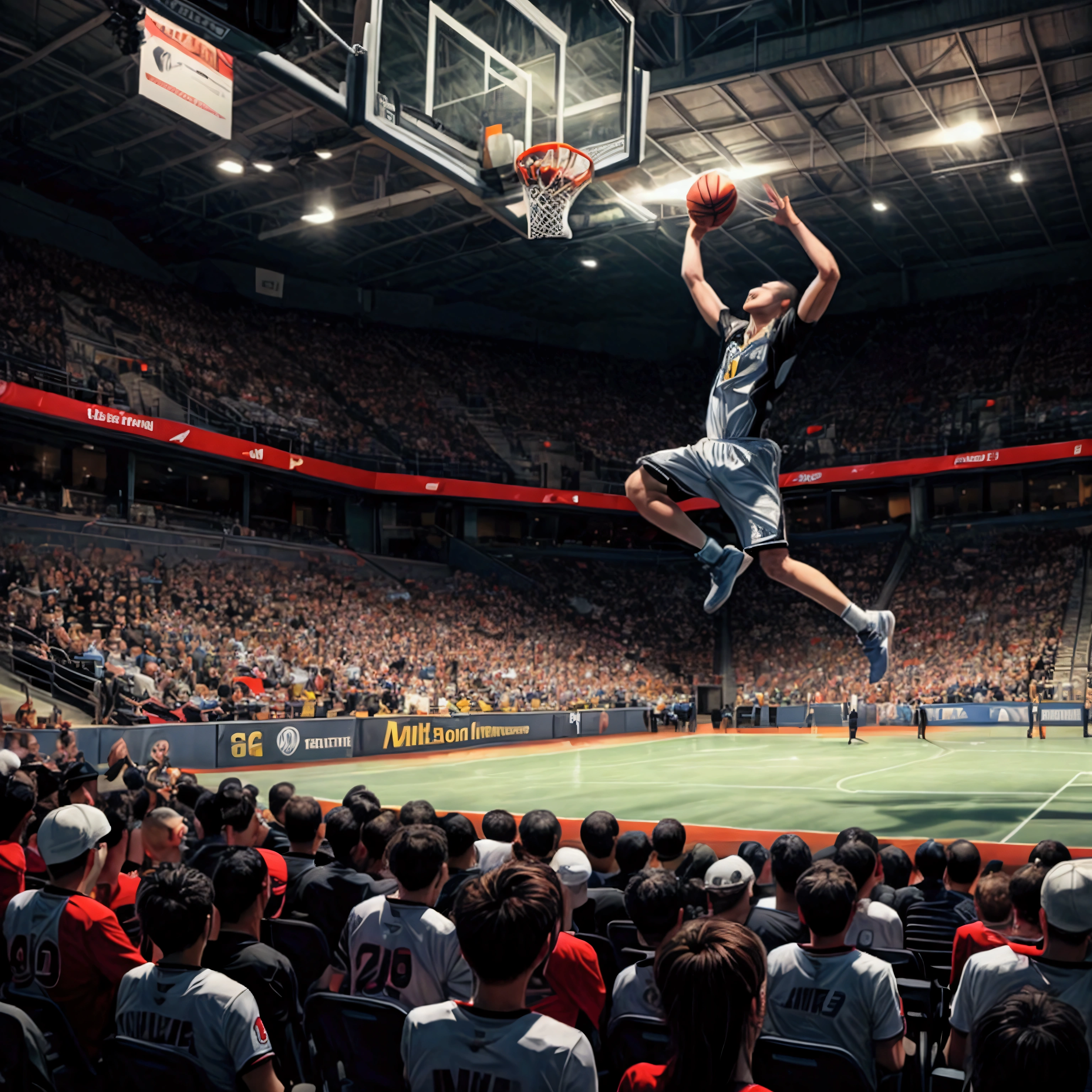 masterpiece,Highest quality,8k,High resolution,Raw photo,Professional,
Physically Based Rendering,Thin contours,Mid Shot,
Basketball court,
The moment when the basketball is powerfully slammed into the goal,
The ultimate dynamic feeling,A match between two powerhouses,(Many spectators:1.1),
The audience is captivated and stands up,A thrilling match,
One athlete Perfect face and body Detailed face Perfect anatomy Live action photos
(Dynamic Dunk shots that captivate the crowd:1.2)
(MBA player uniform),