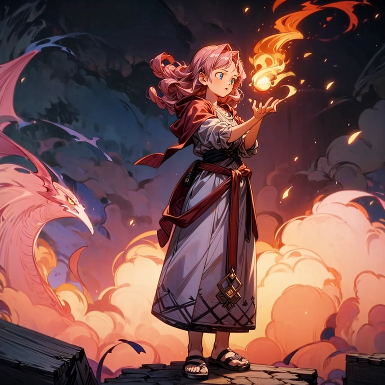 1girl, Full body version, 1character, blue eyes, long Curly haircut, pink colour hair, Ancient Roman clothing, red colour clothing, sandals, Grassroots, background in field town, motion blur, standing gesture, fire burning in hand, (dragon ball style art)