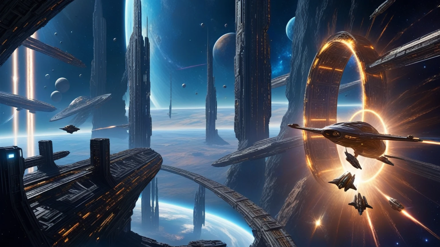 dark space of the universe, large artificial high-tech ring gate flies through space and time, flying sci-fi vehicle, cosmic light and the ancient energy of the Universe burst out from the depths of these gates and transport the viewer to other worlds, where it's light and cozy, sci-fi. (((1girl, solo, alone))), large-breast:1.2 slim body, cleavage:1.1, sexy elegant miniskirt, (((headphone, black sunglasses, standing and holding pistol pose))), (((half-body thigh level medium shot))), cinematic lighting, lens flare, ray tracing.