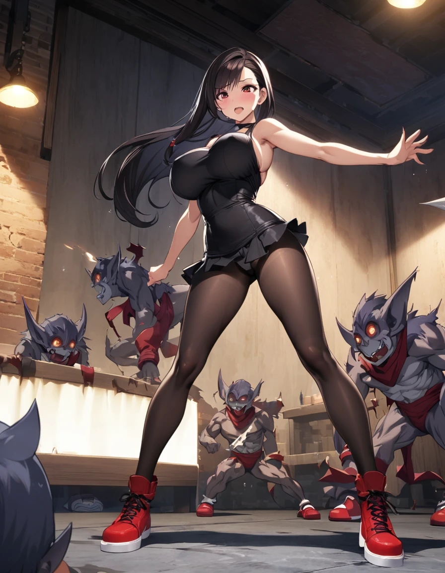 Final Fantasy 7 Tifa Lockhart　　Indoor at night、Wearing black pantyhose　Wearing a mini skirt、Wearing black clothing、Big Breasts、stylish、Clothes get torn、Thin legs、Long black hair、bare hands、Wearing red shoes、Goblins tearing your clothes