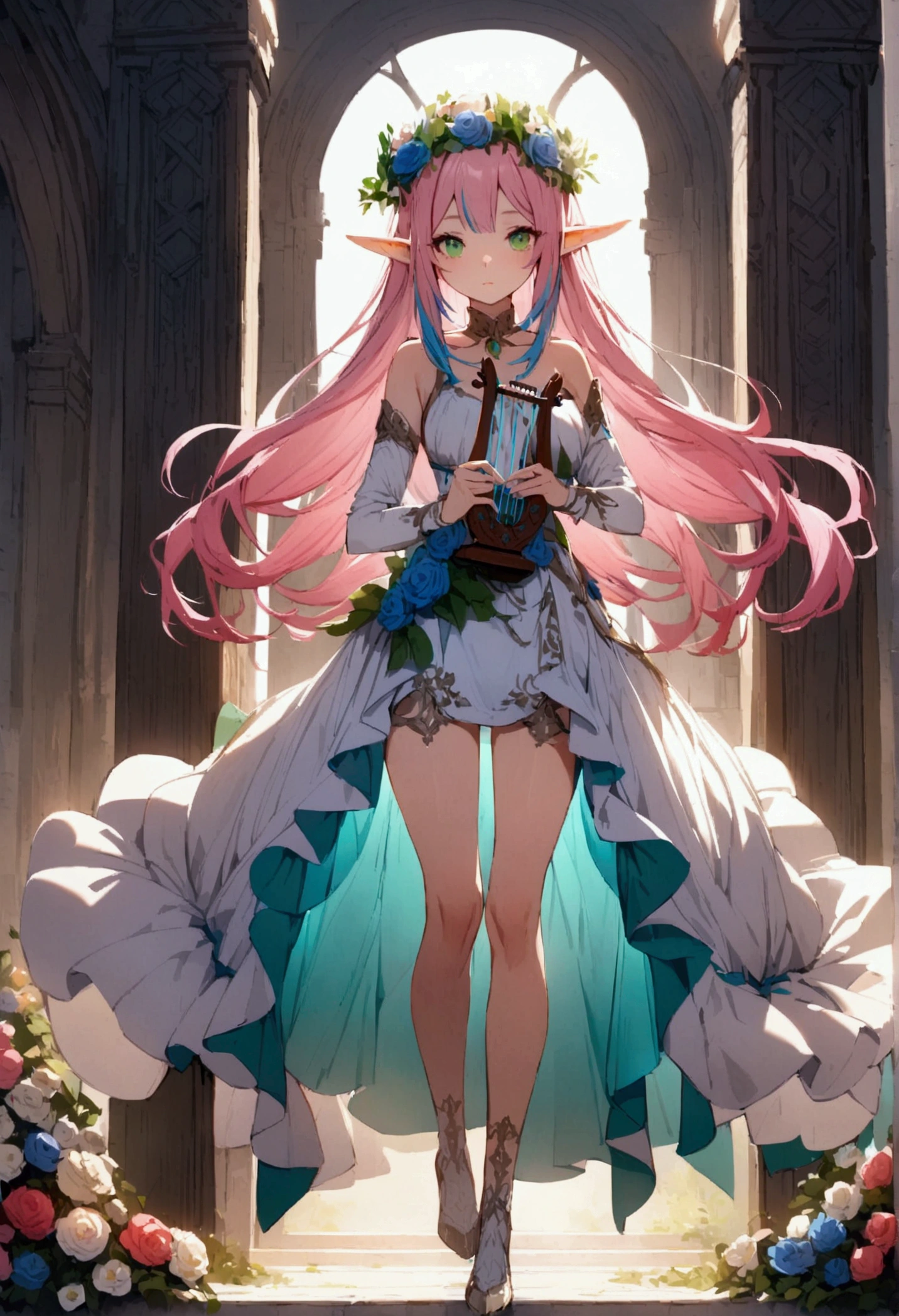 beautiful elf, long pink hair and blue streaks hair, green eyes, with flower crown, holding a lyre, full body
