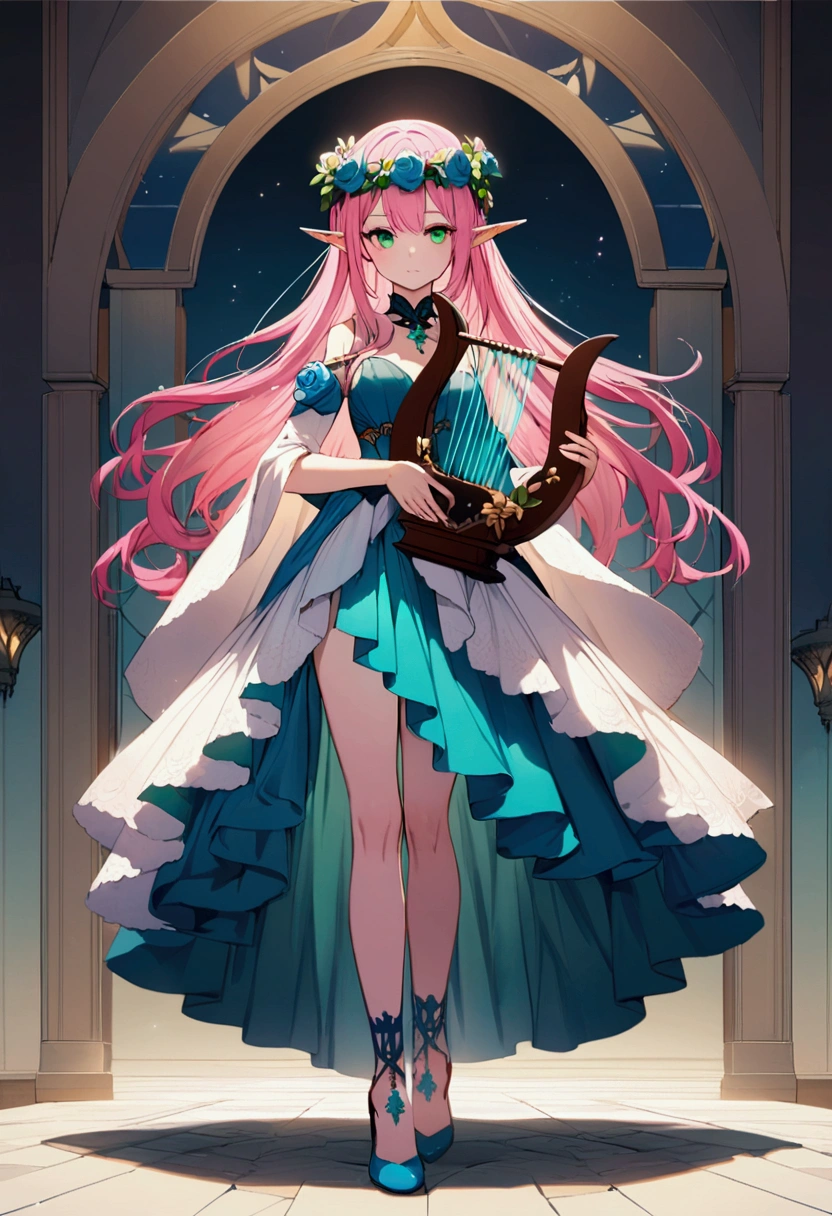 beautiful elf, long pink hair and blue streaks hair, green eyes, with flower crown, holding a lyre, full body