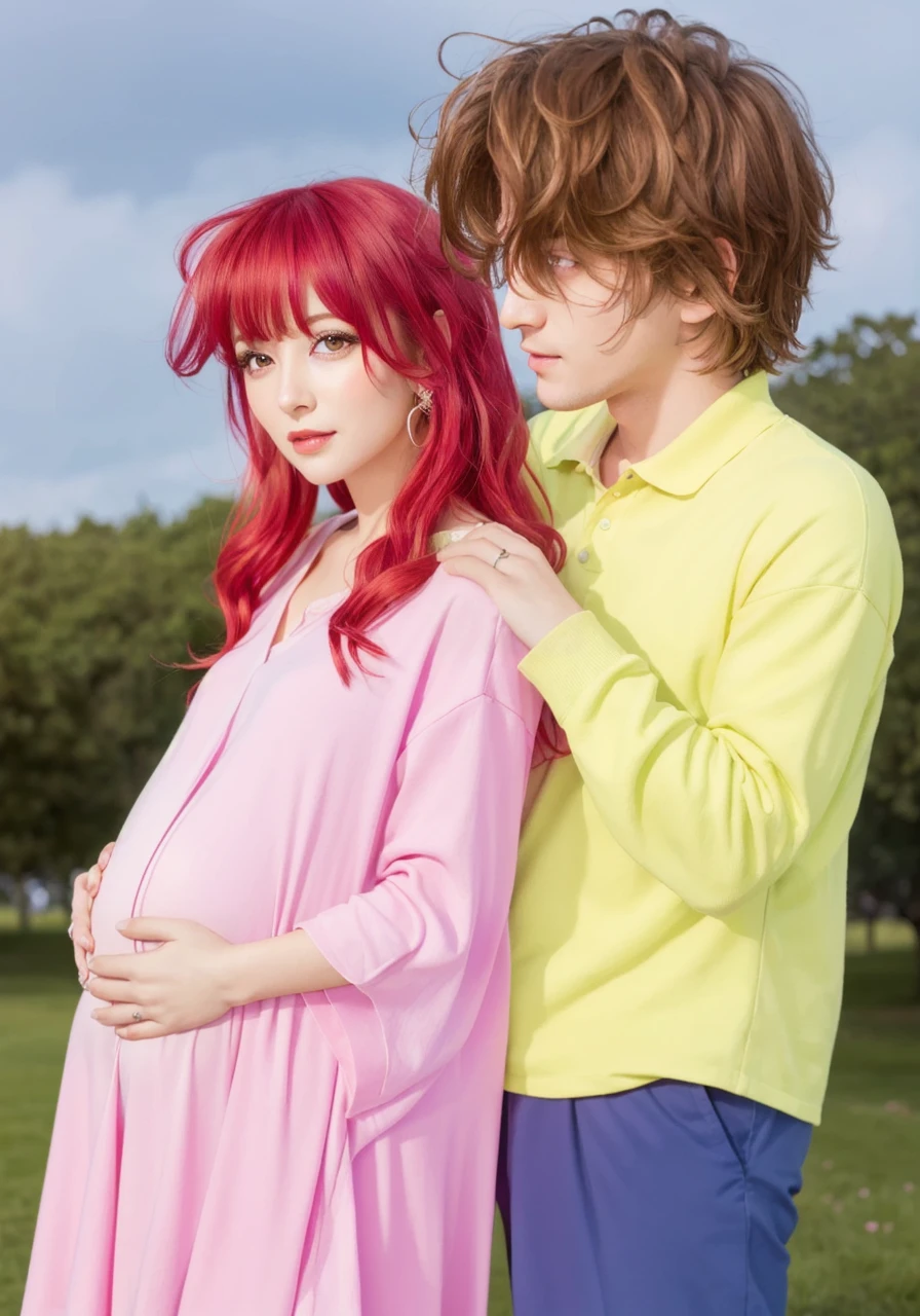 A pregnant redheaded woman, beautiful detailed eyes, beautiful detailed lips, extremely detailed eyes and face, long eyelashes, her brown-haired husband, romantic couple portrait, standing in a green park, photorealistic, 8k, high quality, masterpiece, vibrant colors, natural lighting, cinematic composition, soft focus, warm color palette, magical realism, fantasy landscape, japanese