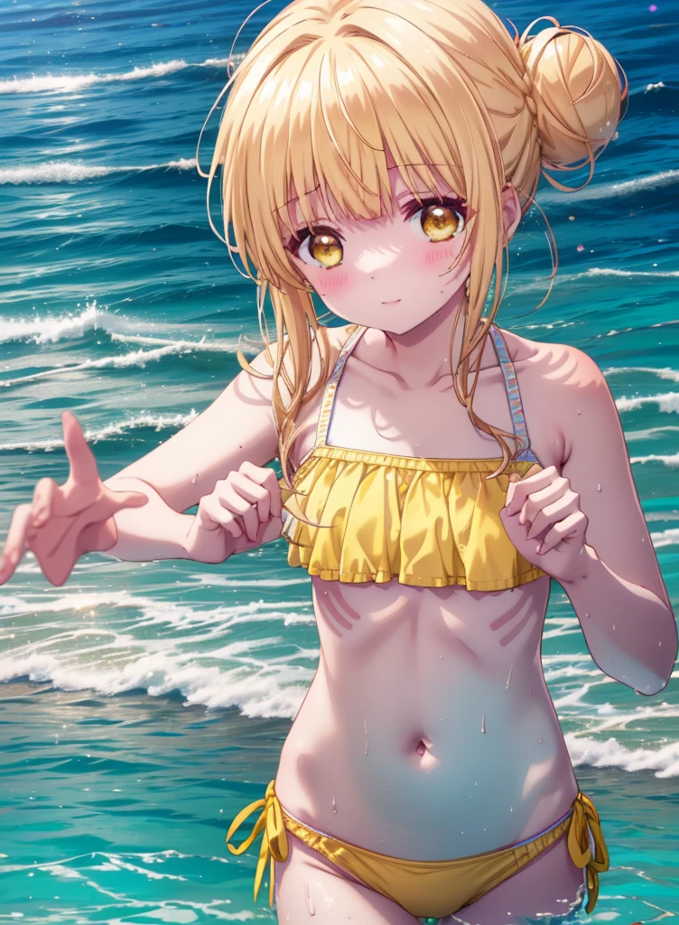 mahirushiina, Mahiru Shiina, Long Hair, bangs, Blonde, Brown Hair, (Yellow Eyes:1.3), smile,blush,Hair Bun, double  Hair Bun,Hair Lock,Yellow string bikini swimsuit,barefoot,Water Play,Ocean,Sandy Beach,whole bodyがイラストに入るように,Wet Hair,Wet Skin,Wet swimsuit,
break outdoors, Beach,
break looking at viewer, whole body,(Cowboy Shot:1. 5)
break (masterpiece:1.2), Highest quality, High resolution, unity 8k wallpaper, (figure:0.8), (Beautiful attention to detail:1.6), Highly detailed face, Perfect lighting, Highly detailed CG, (Perfect hands, Perfect Anatomy),