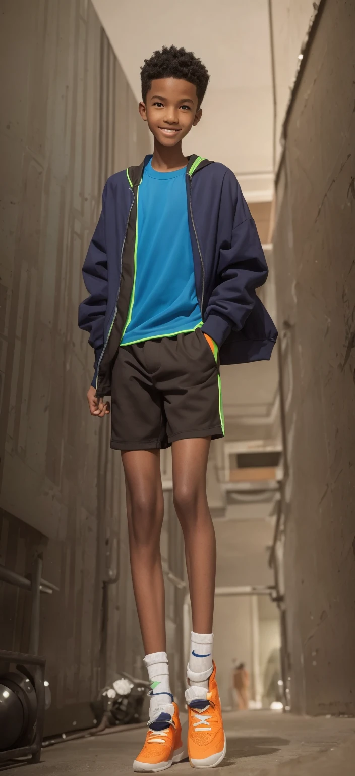  boy，Light brown skin，Blue sports shorts，Bright neon green top，Orange socks，Big round eyes，Very short hair，Tall and skinny，full-body shot，A junior highl student，Toothy Smile，best quality