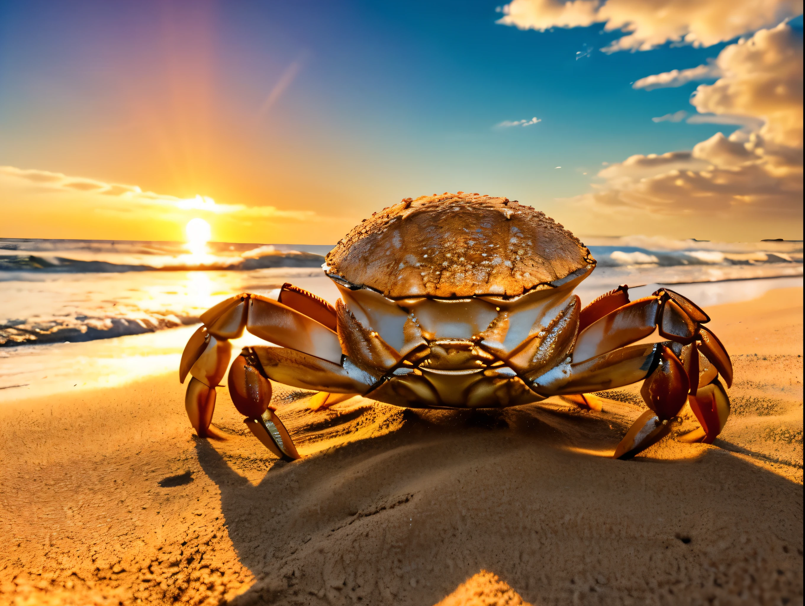 A crab on the beach, photorealistic, highly detailed, intricate shell patterns, soft sand, ocean waves in the background, golden hour lighting, vibrant colors, cinematic composition, dramatic lighting