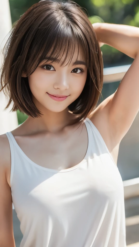 masterpiece, best quality, ultra high res, ultra detailed, sharp focus, 1girl, 独奏, a stunning pretty and beautiful Japanese y model, 19yo, looking at viewer:1.3, (bright smile:0.6), wearing a (blouse), dusk, sunset, night, realistic, slender, (standing:1.1), (looking at the viewer:1.3), sexaze, blush, (upper body shot:1.6), medium hair, messy hair, asymmetrical bangs, light brown hair, messy hair style, ((Pure white tank top、Hands behind head、smile、Light clothing))、((Nippleisible))