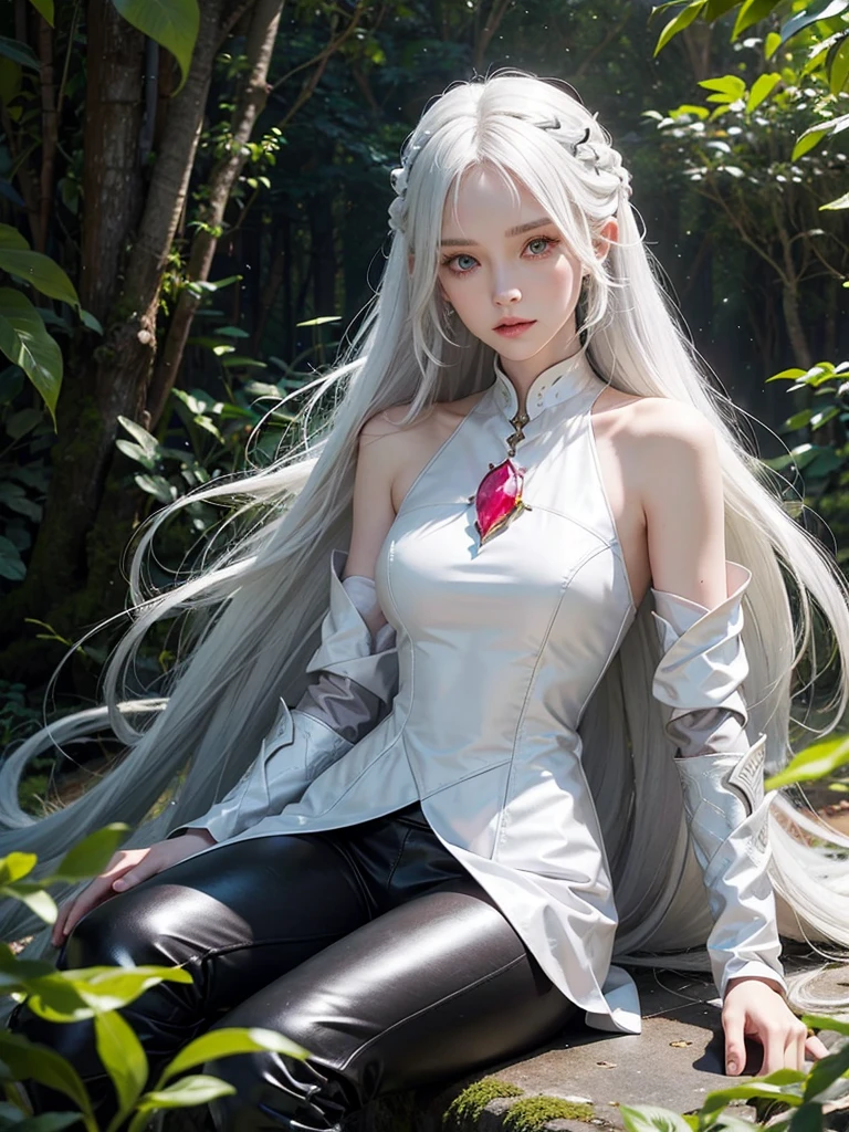 Long white hair, cate features, white skin, Fantasy world. Adventurer style with armor on the shoulder and arms (ruby). Ideal slim and delicate body in the form of an hourglass figure. In the forest. Armor on the shoulders and a magical cool sword on the hilt. High summer fantasy boots with rubies with stocking. Clothes are visible from head to toe. Tight-fitting leather trousers that reach below the thigh.