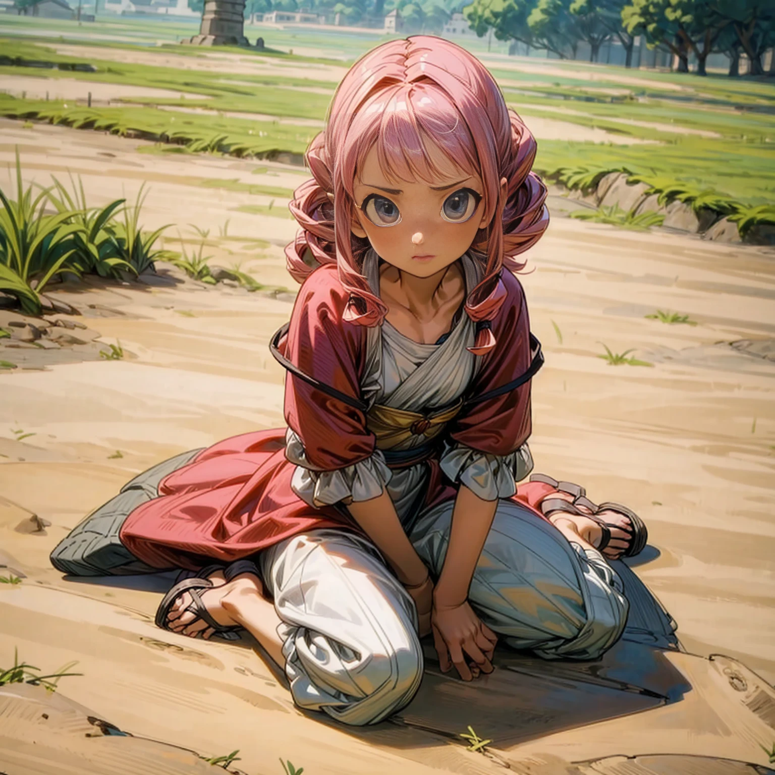 1childern girl, Full body version, 1character,  girl version, blue eyes, long Curly haircut, pink colour hair, Ancient Roman clothing, red colour clothing, sandals, Grassroots, background in field town, motion blur, Lie down gesture, (dragon ball style art)