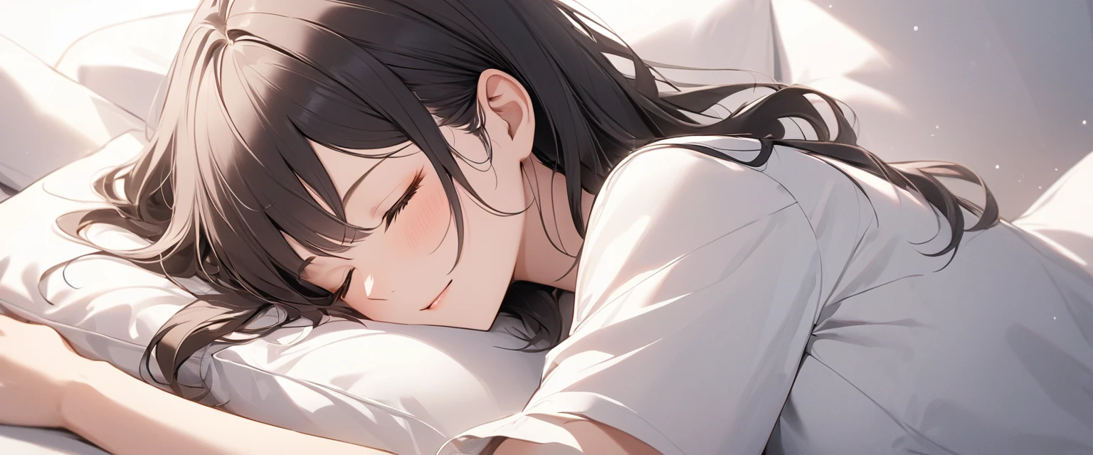 Minimalist style: Pillow on your arm, Close your eyes and relax, show a romantic, Relaxed and elegant beauty