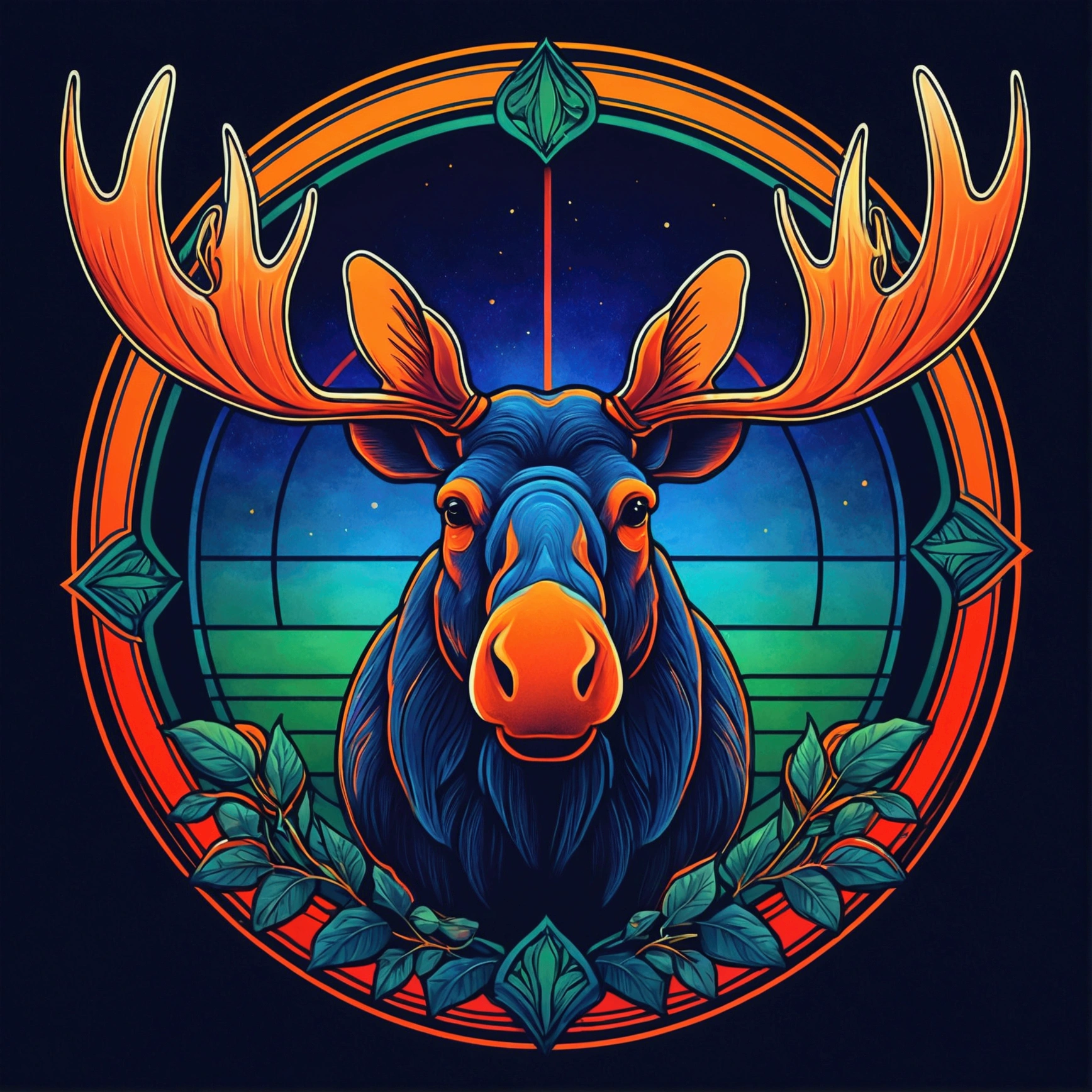 "Moose" logo; shading and gradients, Art Nouveau, vibrant colors and synthwave. Vector design, thin lines, central composition, smooth background, 1:1 air. Tetradic palettes (Dark Blue, Orange, Red, Olive Green ), watercolor logo style with print effect, puff printig. monochrome background, by yukisakura, with original and amazing colors."