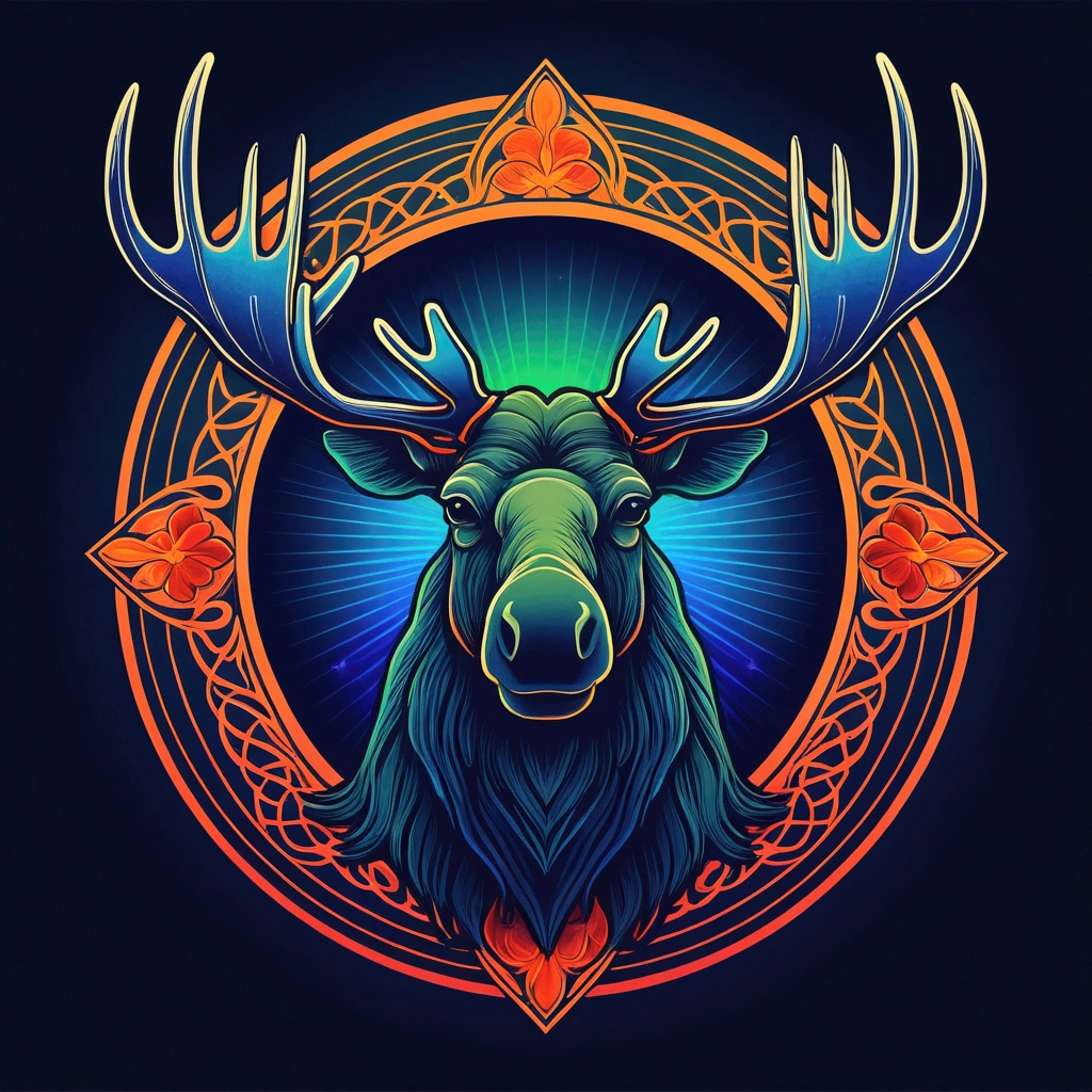 "Moose" logo; shading and gradients, Art Nouveau, vibrant colors and synthwave. Vector design, thin lines, central composition, smooth background, 1:1 air. Tetradic palettes (Dark Blue, Orange, Red, Olive Green ), watercolor logo style with print effect, puff printig. monochrome background, by yukisakura, with original and amazing colors."
