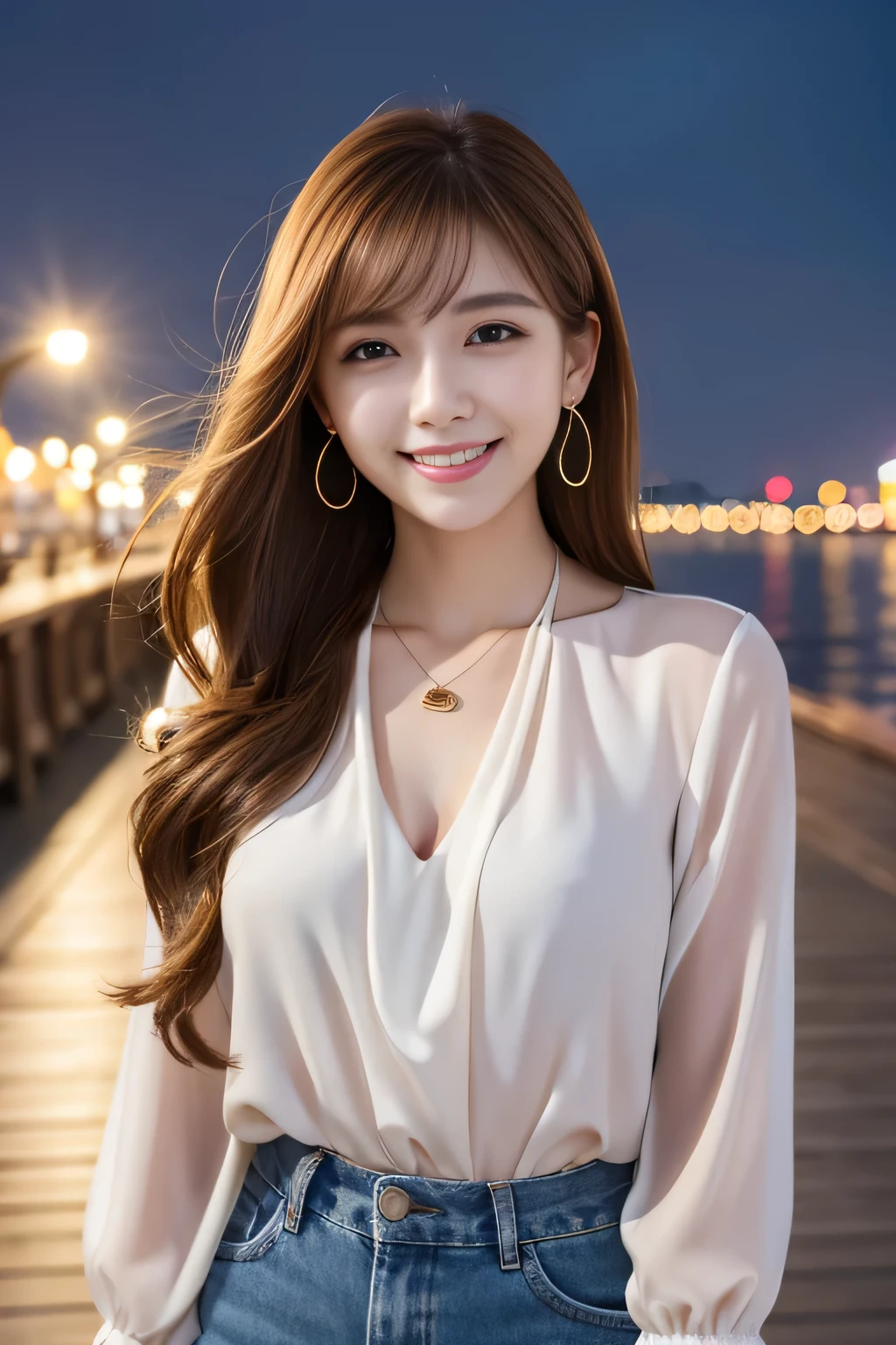(detailed skin:1.2),(shiny skin:1.1),8k,best quality, masterpiece, ultra high res,(fair skin:1.2), Long sleeve blouse、Light brown hair、hairstyle semi long、Ear piercing、Necklace around the neck、smile、Beautiful teeth alignment、Pier at night