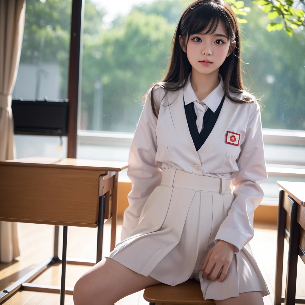 seifuku, photo, realistic, best quality, hires, detailed face, classroom, detailed background, diffused lighting, depth of field, bokeh,spread pussy