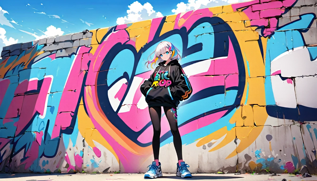 HD 8k Handsome sexy cute, Solitary, 1:3 female, Medium Length Hair, white hair, Rainbow hair, blue Eyes, Rainbow headphone, Holding a cassette tape hoodie, colored hoodie, black Trucker Hat, Dance hip-hop style big hooded jacket New retro style,, sneakers, Human focus, outdoor, blue sky, White clouds, graffiti Popularity spray art wall,
