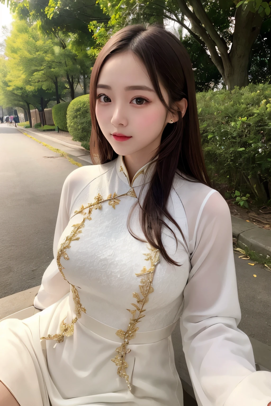((Highest quality)), ((masterpiece)), (detailed), One girl, sexy、traditional ao dai、White、Landscape、Deep slit、glamorous