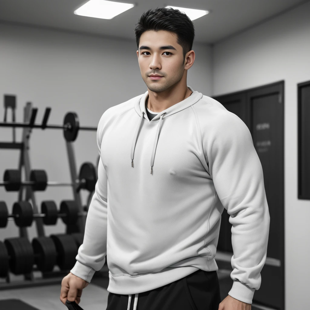 masterpiece, best quality, high resolution, Practical, Handsome, Photogenic, Shank, SFW, A photo of a 35-year-old gym fraternity (man:1.2) portrait, Standing in the gym , Do military news, weight, amazing , Short flat head,Stubble , (muscular),Looking at the audience, Flirting with the camera, charming, (Tight-fitting white sweatshirt ),(GS-positive:1), 8K Ultra HD