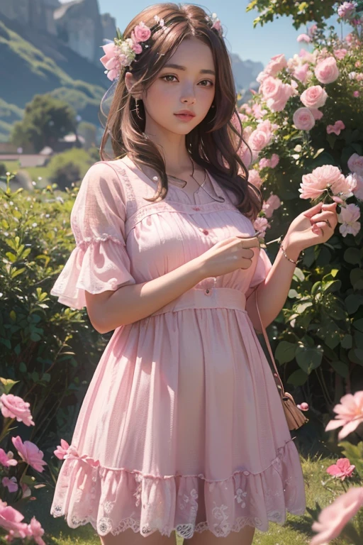 a girl, wearing pink dress, (best quality,4k,8k,highres,masterpiece:1.2),ultra-detailed,(realistic,photorealistic,photo-realistic:1.37) pink flowers,