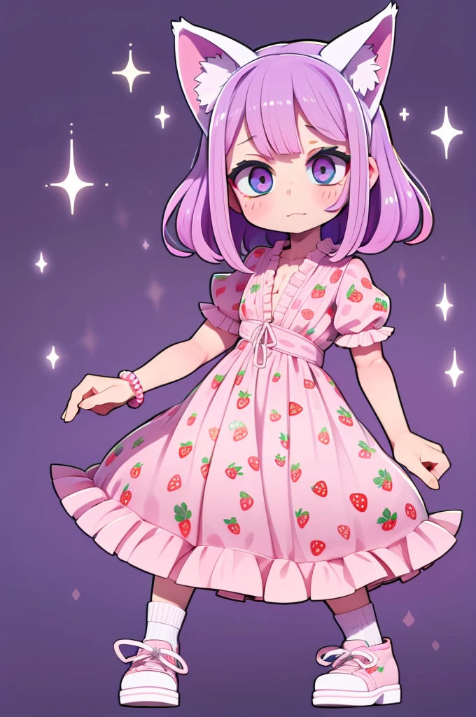 1 girl, chibi, tiny, toddler, pink hair, purple hairclips, cat ears, light skin, blue eyes, sparkle in eyes, purple pacifier, wearing light blue strawberry pattern dress, black flat shoes, white ruffle socks, colorful bead bracelets, happy expression