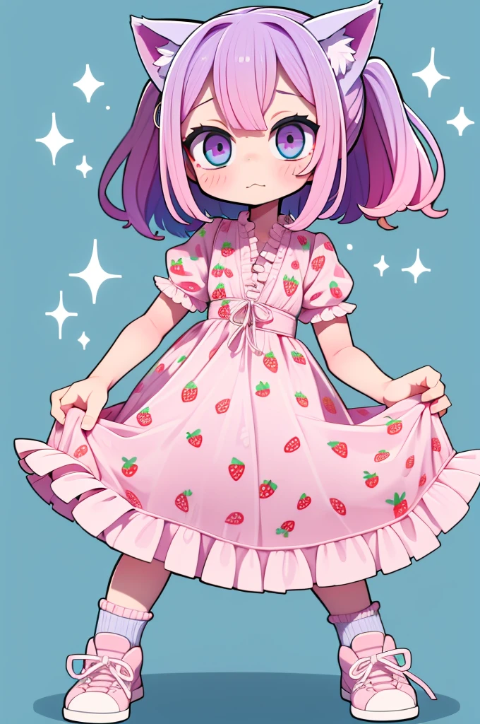 1 girl, chibi, tiny, toddler, pink hair, purple hairclips, cat ears, light skin, blue eyes, sparkle in eyes, purple pacifier, wearing light blue strawberry pattern dress, black flat shoes, white ruffle socks, colorful bead bracelets, happy expression