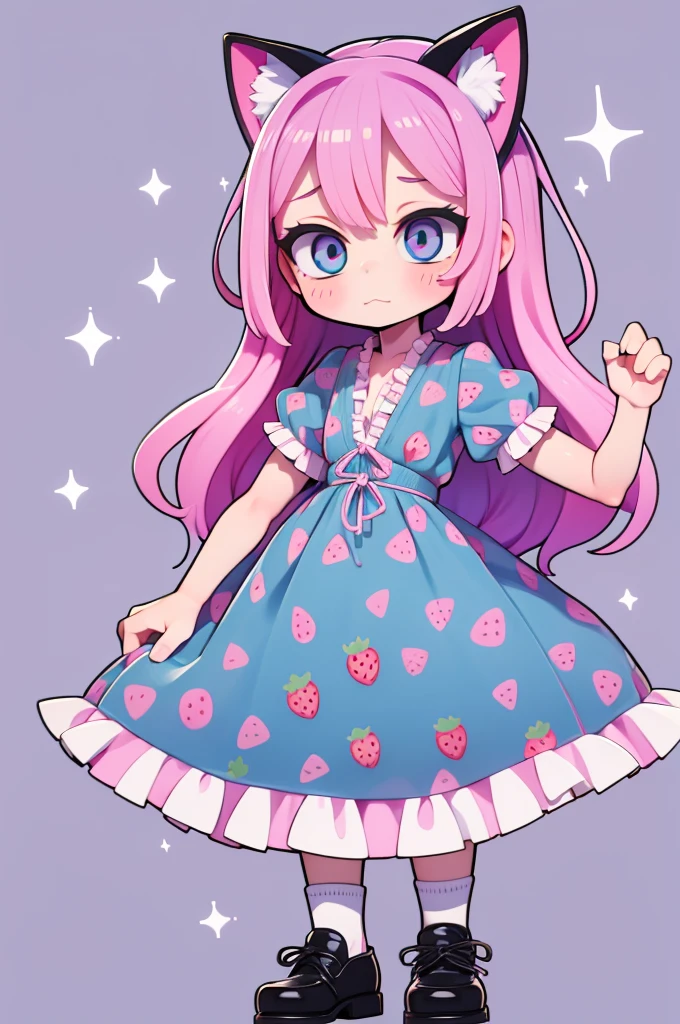 1 girl, chibi, tiny, toddler, pink hair, purple hairclips, cat ears, light skin, blue eyes, sparkle in eyes, purple pacifier, wearing light blue strawberry pattern dress, black flat shoes, white ruffle socks, colorful bead bracelets, happy expression